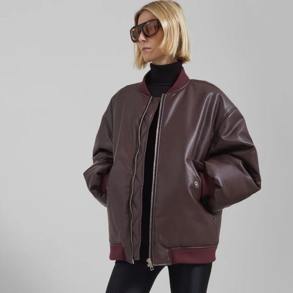 The Frankie Shop ASTRA FAUX LEATHER BOMBER JACKET - BURGUNDY - Picture 2 of 10